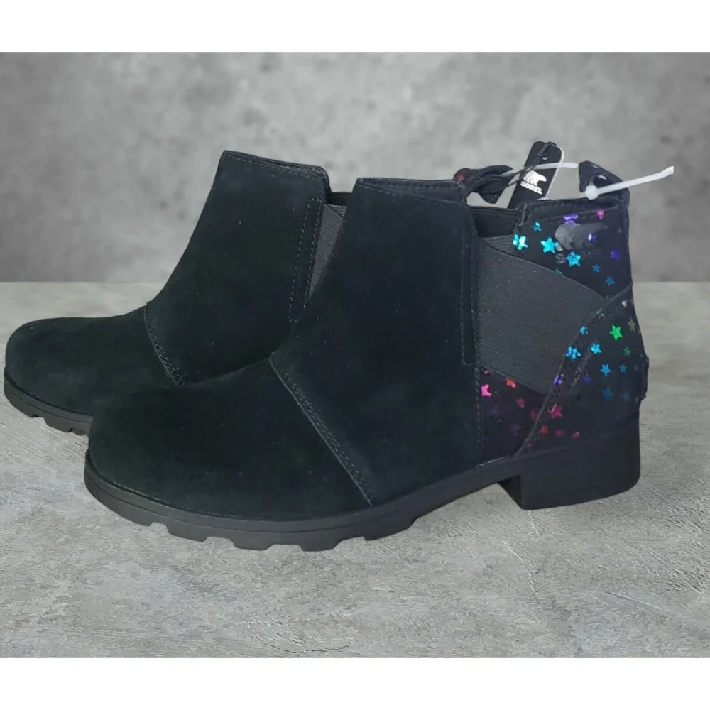 New Sorel Booties Girls Size 5 Emelie Chelsea Black Suede Rainbow Stars